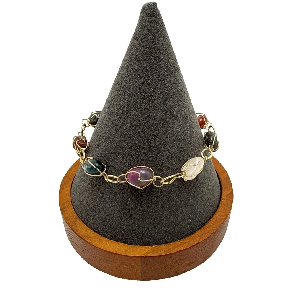 Vintage Wire Wrapped Natural Stone Bracelet Multicolor Cased Polished Boho 7.5